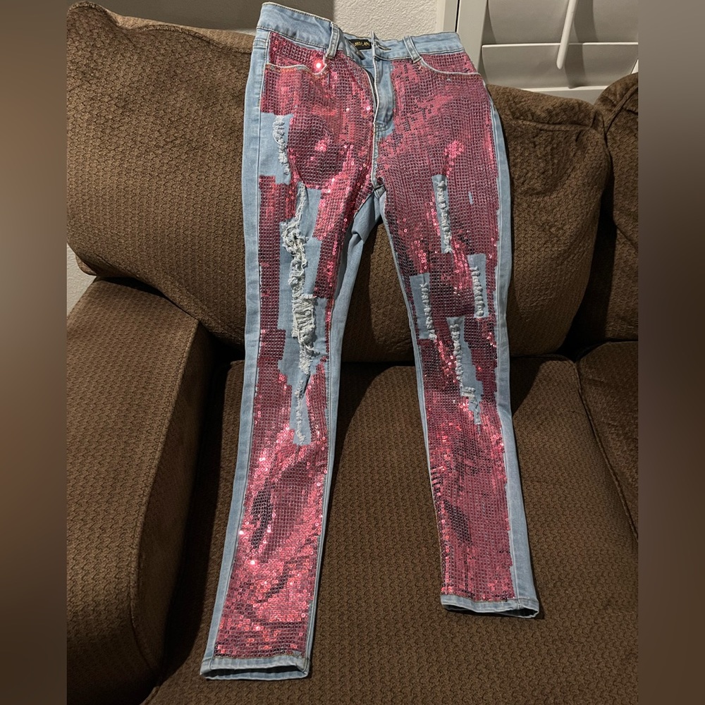 DENIM LOVE HIGH WAIST SEQUIN DENIM JEANS